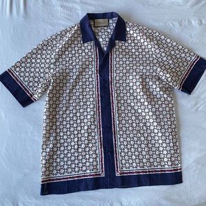 $1050 Gucci Double G Logo Full Print Casual Button Up Shirt SZ 54